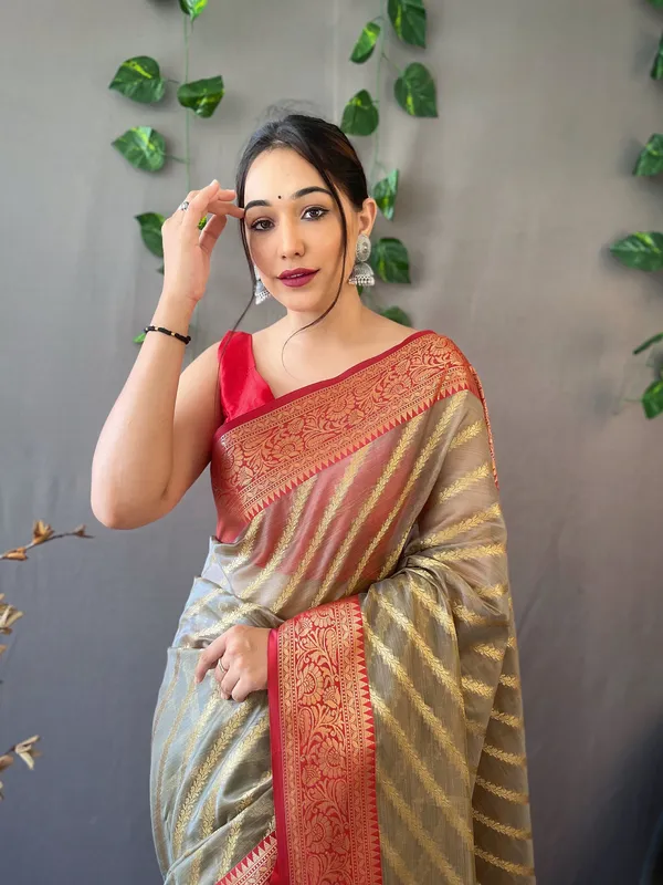 Gray_Pure_Organza_Weaved_Leheriya_Saree_With_Blouse_Piece_Attached